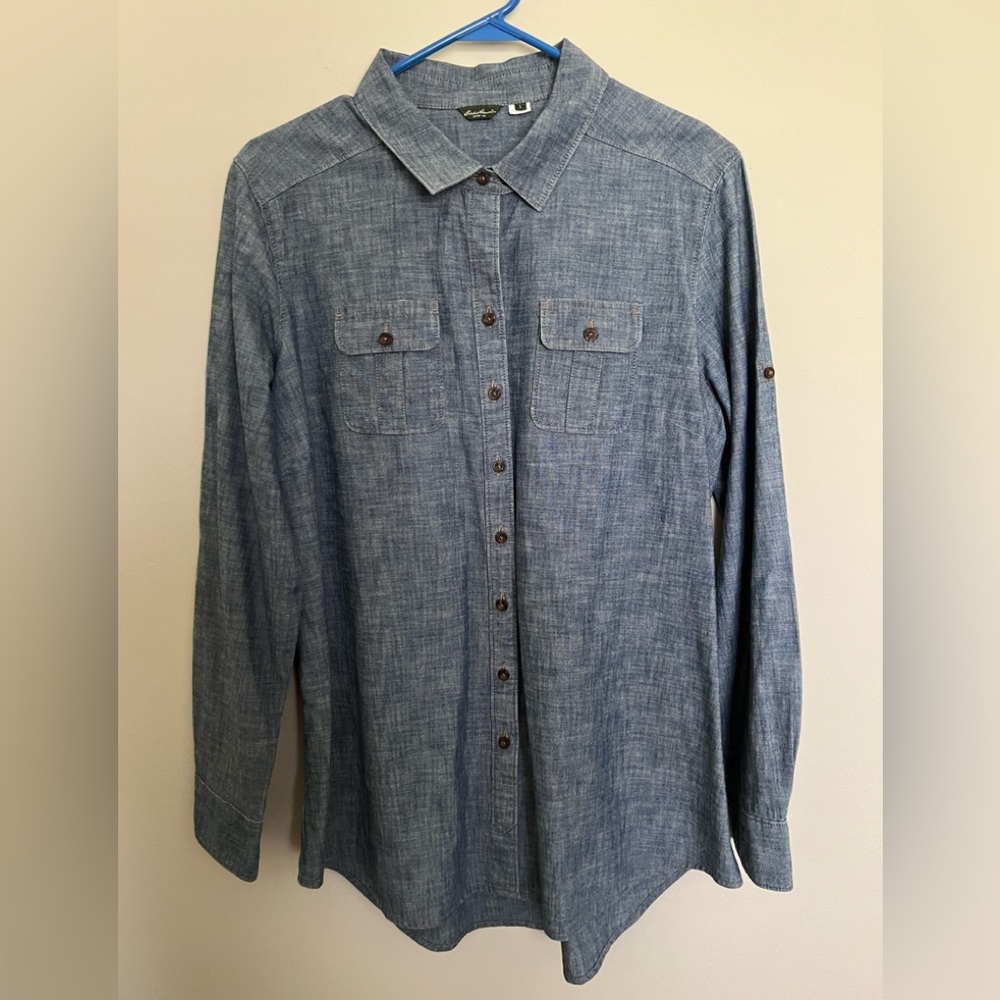 Eddie Bauer Cotton Chambray Denim Shirt. Blue Heather Look Size L